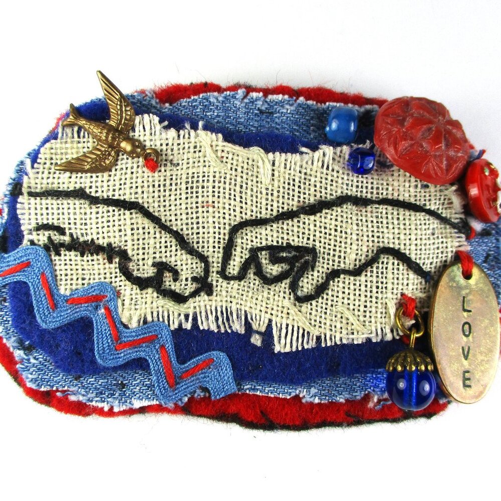 Handmade, Mock Michelangelo, Creation of Adam, Hand and Paw, Embroidered Brooch